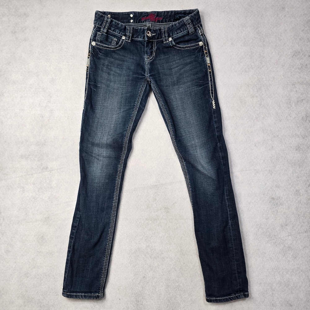 Rock and Roll Cowgirl Skinny Jeans Dark Wash Rhinestone Studded 26x32 WDS-8512